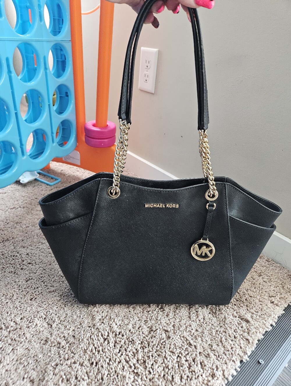 Michael Kors Black Saffiano Leather Shoulder Tote Chain Large Mk Gold